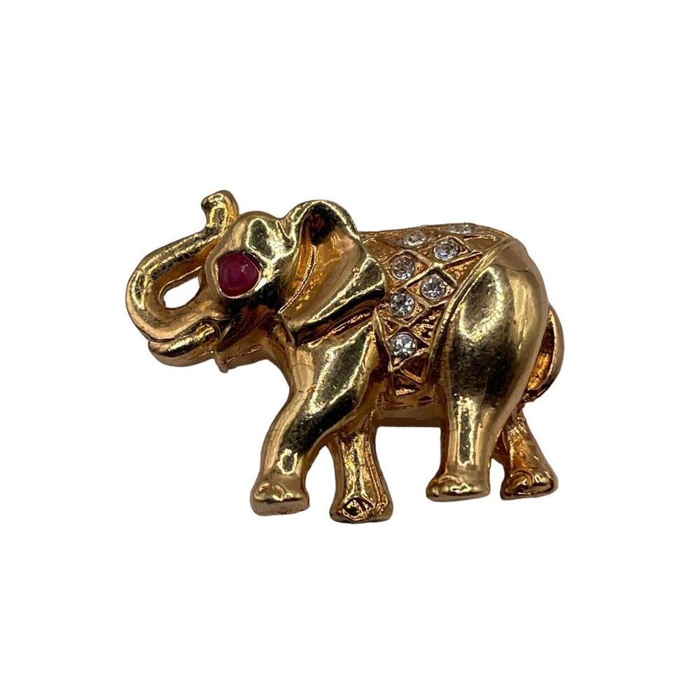 Vintage Elephant Brooch‎ Pin Pave Crystals Trunk Up Gold Tone Red Eye 1” Mini
